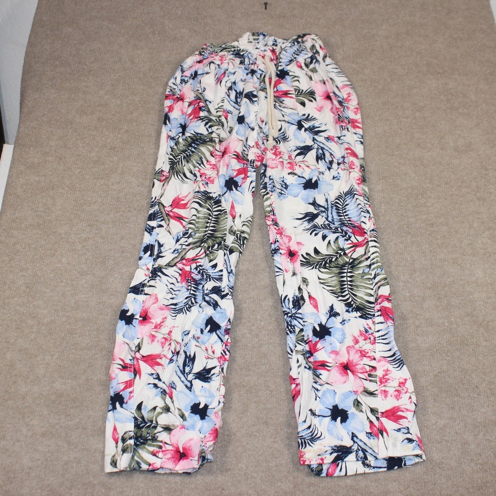 Cali 1850 Los Angeles Tropical Floral Print Beach Pants White Pink Blue XS